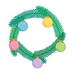 Christmas and New Year decorative wreath with colorful balls, christmas tree frame, linear art , naive vector illustration
