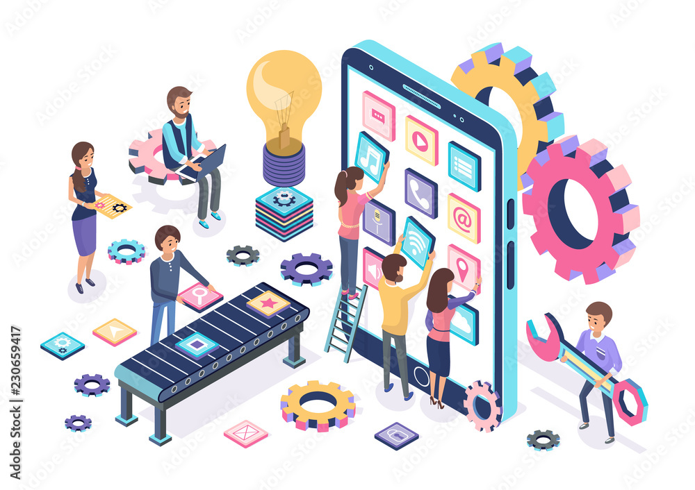 Aufkleber mobile development process banner with developers