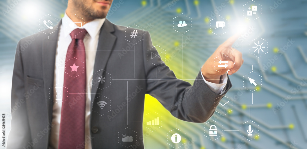 Poster man pointing at app icons on abstract network connection background