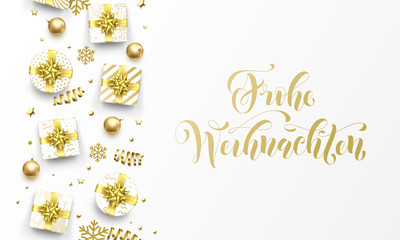 Frohe Weihnachten Merry Christmas golden German greeting card of gold gifts, stars confetti and snowflakes. Vector premium Weihnachten German Christmas calligraphy lettering text on golden background