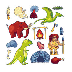 Set of caveman with prehistoric natural items