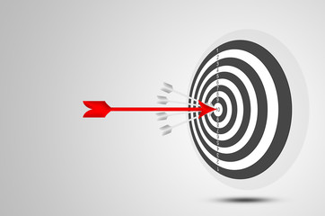 business strategy concept background red arrow stuck target on center dart board with 4 white arrow. creative design leadership.