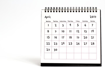 April 2019 calendar isolated on white background