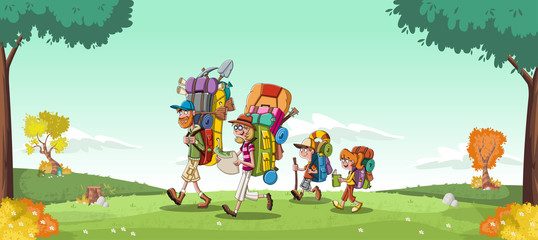 Obraz na płótnie Canvas Cartoon family with big backpacks on green park. People hiking on nature background.