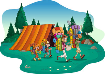 Obraz na płótnie Canvas Cartoon family with big backpacks. People carrying camping gears. 