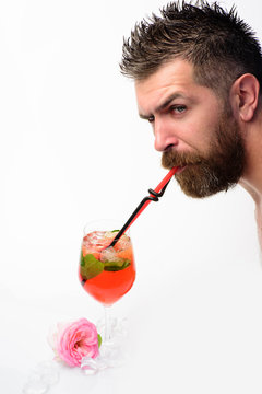 Bearded Man Drinkiing Cocktail With Straw Isolated On White. Summer Refresh. Alcoholic And Non Alcoholic Drinks. Bar And Restairant. Feeling Thirst. Man Drink Cocktail From Glass. Fresh And Energetic