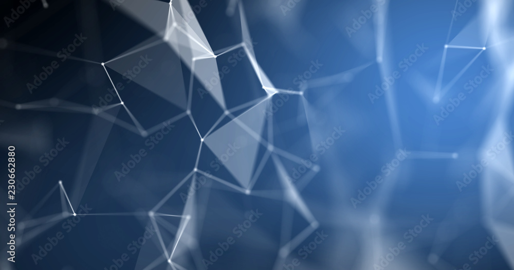 Poster Plexus abstract background, geometric wireframe structure with lines and dots connection nodes. 3D computer digital technology blue molecular texture background
