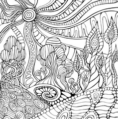 Doodle surreal landscape coloring page for adults. Fantastic psychedelic graphic artwork.