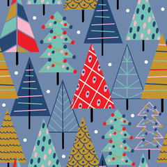 seamless pattern with Сhristmas trees on blue background - vector illustration, eps