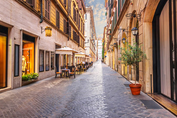 Famous Italian street Via Borgogna with shops and restaurants, Rome, no people