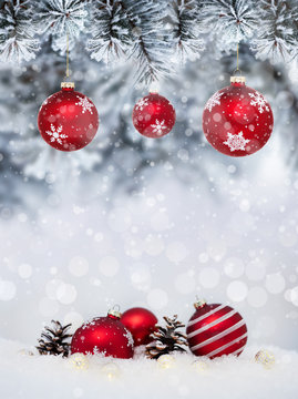 Christmas banner with red baubles with snowflakes