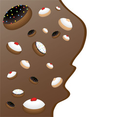 Cute flat cartoon  page template with falling many cinds of doughnuts