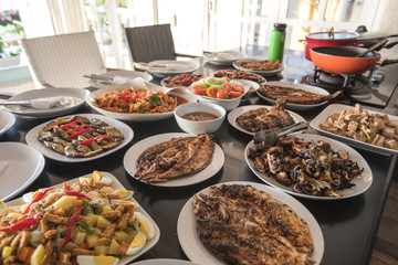 Seafood dinner prepared by a private chef in our villa in Bali, Indonesia