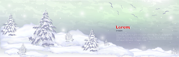 realistic composition of winter forest and white snow. vector banner, web header of winter pines, Christmas trees and white snow. realistic winter background with text. © dezignstock