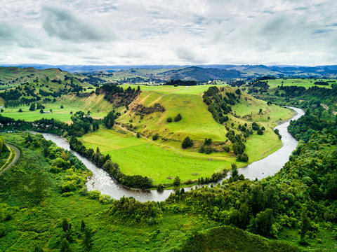Arial view of beautiful landscape of Whanganui river, New Zealand