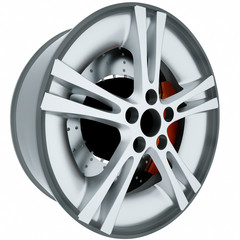 Car Wheel On White Background. Aluminum Metal Wheel Rim. 3D Rendering