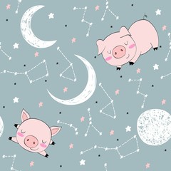 Seamless pattern with funny pigs and moon. Sweet dreams.