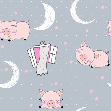 Seamless pattern with funny pigs and moon. Sweet dreams.