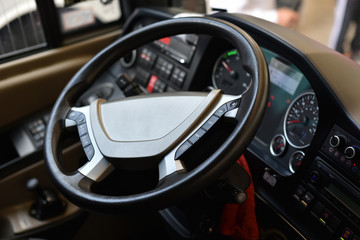 Fototapeta na wymiar bus driver's place with steering wheel