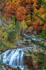 Waterfall or Bleachers of Soaso in the Ordesa Valley (Ordesa National Park - Monte Perdido).Concept elements of Nature