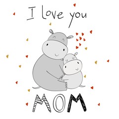 Baby shower cards. Vector hippo mom and baby