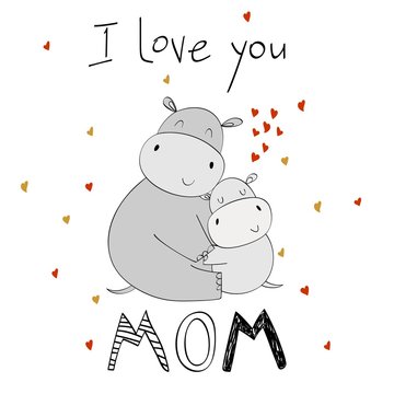 Baby shower cards. Vector hippo mom and baby
