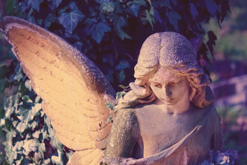 Close up of beautiful guardian angel. (fragment of an antique statue)