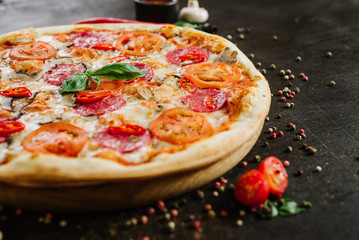 Tasty pizza with salami and cheese on black background