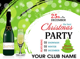 Christmas party invitation green template with champagne bottle and wineglass. New Year background. Vector illustration.