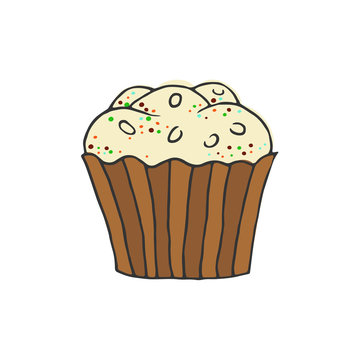 Hand drawn colorful cupcake on white background.