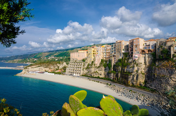 Tropea town colorful stone buildings on top of cliff, Calabria, Italy