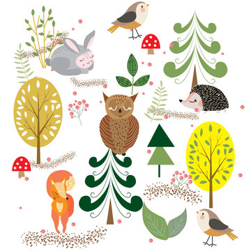 Autumn forest, trees and bushes, mushrooms and berries with cute animals and birds, vector illustration