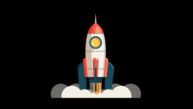 Cartoon rocket starts into space. Startup spaceship. Looped animation vith alpha channel.