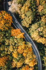 Truck passing on a road in fall season. Aerial view.
