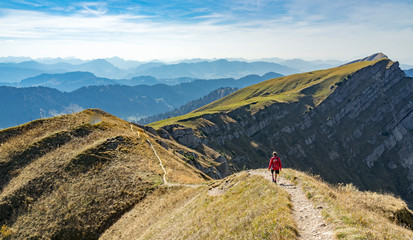 nice senior woman, hiking in fall, autumn  on the ridge of the Nagelfluh chain near Oberstaufen,...