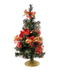 Little Christmas fir tree with cone pine, balls and light garlands isolated on white background.