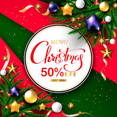 Christmas background with Shining gold Snowflakes. Lettering Merry Christmas card vector Illustration.