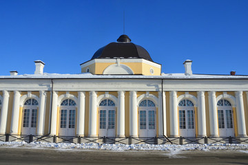 Arkhangelsk, Russia, February, 20, 2018. Gostiny dvor. North tower, West wall and exchange tower. Beginning of XX century