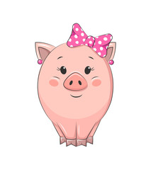Cute cartoon piggy girl with a bow. Isolated on white background. Vector illustration.