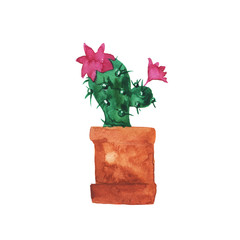 Doodle green cactus with pink flowers in brown flowerpot isolated on white background. Hand drawn watercolor illustration.