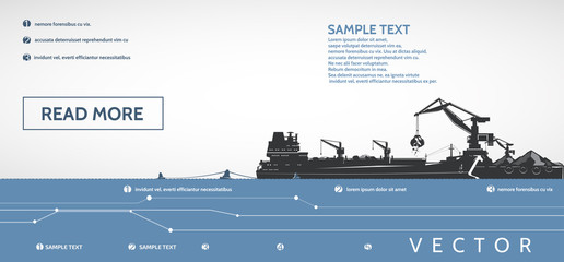 Dry cargo ship on the pier and port cranes loaders, infographics. - obrazy, fototapety, plakaty