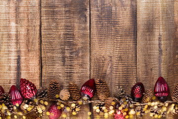 Christmas greeting card wooden background.