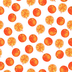 Seamless pattern with fresh oranges and citrus slices on white background. Hand drawn watercolor illustration.