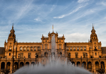 The icThe iconic Plaza de España at sunset.  This famous plaza is located in Seville (Sevilla),...