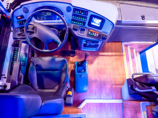 The seat of the bus driver. Work on the bus. Passenger Transportation. Bus management. Intercity...