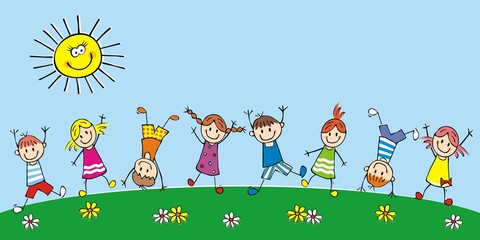 Naklejki  Happy kids on the meadow, group of children, vector illustration