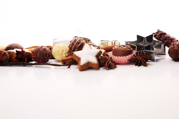 Baking christmas cookies. chocolate, cinnamon stars and spices.