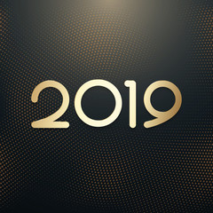 Happy New 2019 Year. Holiday vector illustration of golden metallic numbers 2019 and glittering halftone pattern.