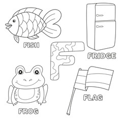 Alphabet F with cartoon vocabulary for coloring book illustration, vector - frog, fridge, flag, fish