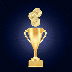 Golden realistic Trophy cup or goblet with number one, laurel wreath on textured gilded stand on dark blue background with stars. Vector illustration - 230676283